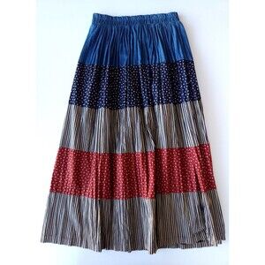 Vtg Crinkle Broomstick Maxi Skirt Stars Stripes Patriotic Boho Cotton USA L